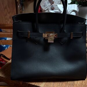 Black Structured Tote Bag with Gold Hardware